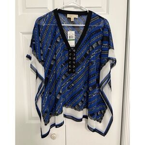 NWT Michael Kors Womens Blue Chain Scarf Blouse / Swim Cover Up Size L/XL Flowey